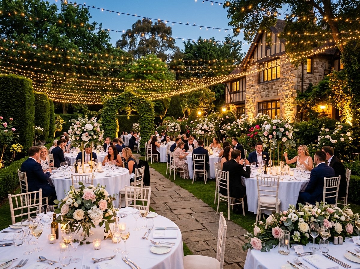 Outdoor banquet tables at Tudor Lodge illuminated by romantic fairy lights with floral centerpieces and Chiavari chairs
